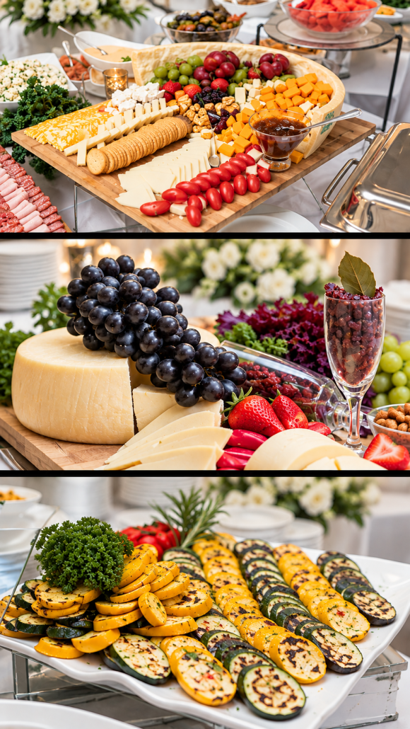 Elegant Buffet Triptych Cheese Grapes and Grilled Vegetables
